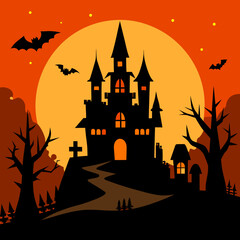Spooky halloween castle silhouette under a full moon