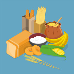 3D Isometric Flat Vector Illustration of Carbohydrates, Healthy Food