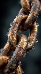Close-up of a weathered chain link adorned with water droplets highlighting texture and details in a moody background