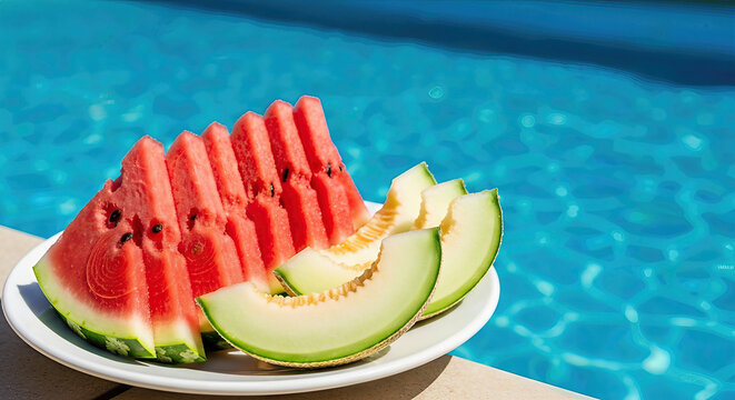 Slices of watermelon and cantaloupe on a plate by the pool. A refreshing still life of healthy eating. Summer vibes, poolside snack, tropical refreshment. - Powered by Adobe