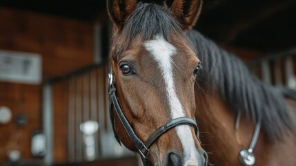 Fototapeta premium Close-up of a brown horse with a white stripe in a stable during the day at a rural equestrian facility