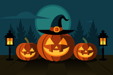 Three jack o lanterns and lanterns on a spooky halloween night
