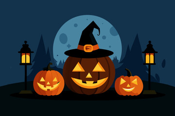 Spooky halloween night with jack o lanterns and full moon