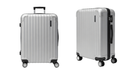 Silver Suitcase with Telescopic Handle and Spinner Wheels.