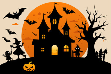 Spooky halloween night with haunted castle and flying bats