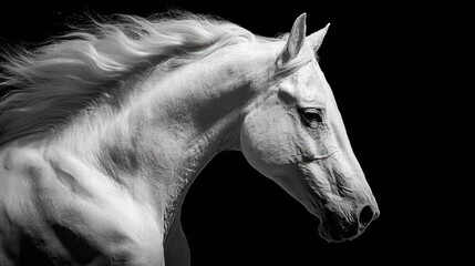 Obraz premium White horse in profile against a dark background highlighting its features and flowing mane