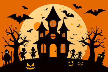 Spooky halloween scene with haunted house bats and trick or treaters