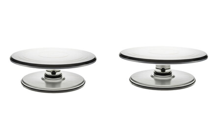 Two Silver Cake Decorating Turntables on White Background.