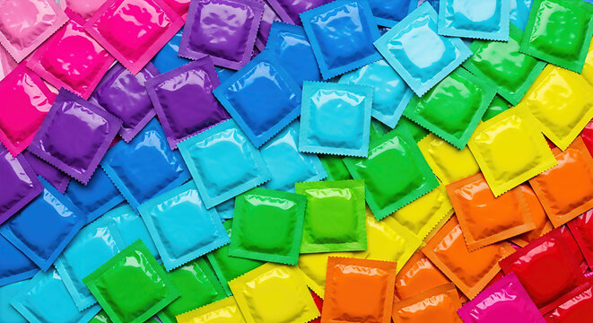 Pile of colorful condoms in their wrappers, arranged together. A vibrant display promoting protection and inclusivity. Safe sex, sexual health, contraceptive methods.