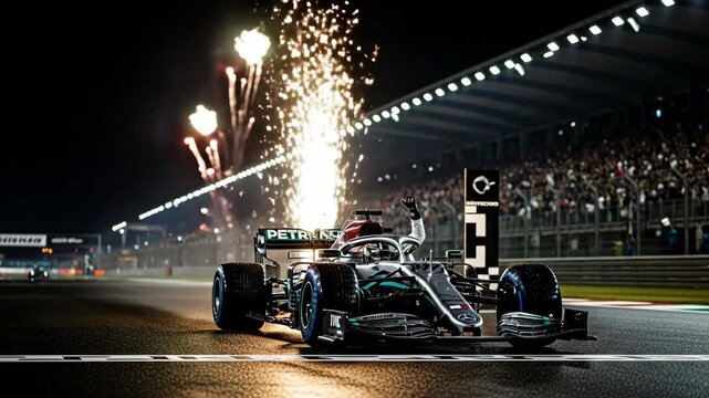Formula 1 Night Race Victory Celebration - A Formula 1 race car crosses the finish line at night under fireworks. The driver celebrates their victory with a raised fist.