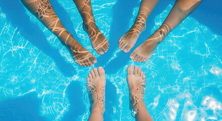 Several people's feet dangle in a bright blue pool. A refreshing, playful shot of friends enjoying the water. Summer vibes, relaxation, poolside fun.