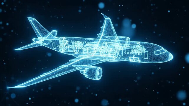 Futuristic Airplane Wireframe Design - A digital wireframe model of a futuristic airplane is shown against a dark blue background with sparkling particles.