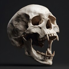 Obraz premium A terrifying ancient skull with sharp fangs and Dark eyes, symbolizing death, darkness, fear, and mystery