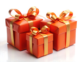 Fototapeta premium Three orange gift boxes tied with golden ribbons, perfect for any special occasion isolated on white background