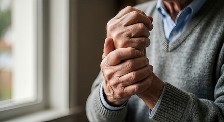 Close-up of senior man holding his hands together near a window. An intimate shot capturing the fragility and strength of aging. Comfort, empathy, senior healthcare.