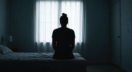 Silhouette of woman sitting on bed in dark room, facing bright window. A conceptual shot evoking introspection and solitude. Personal space, contemplation, facing challenges.