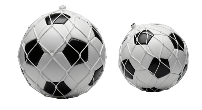Two classic black and white soccer balls of different sizes held in white string mesh nets.