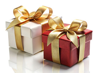 Obraz premium Two beautifully wrapped gifts, one white and one red, adorned with golden ribbons isolated on white background