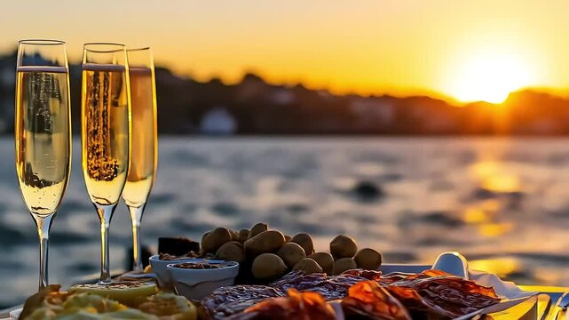 Romantic sunset celebration with champagne and appetizers by the sea.