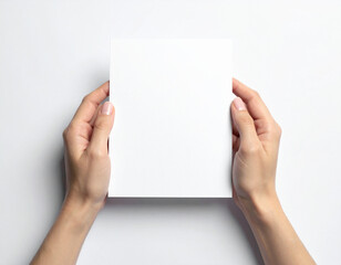 Obraz premium Woman holding blank paper sheet with both hands on white surface