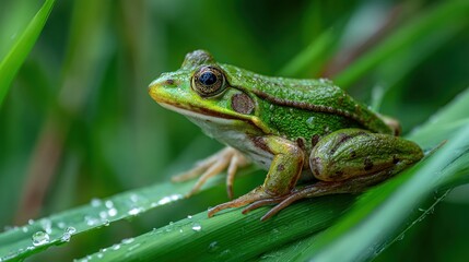 Fototapeta premium Green Frog Resting on Leaf with Dew Drops in Natural Habitat