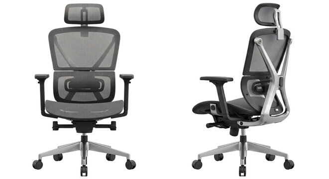 Modern ergonomic office chair with grey mesh back adjustable headrest and armrests shown from front and side views.