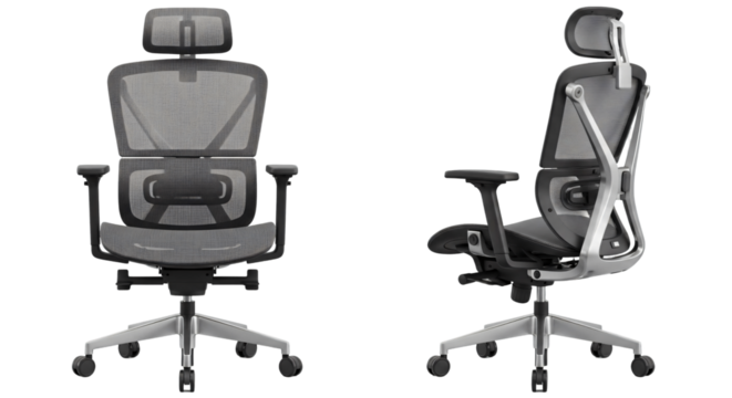 Modern ergonomic office chair with grey mesh back adjustable headrest and armrests shown from front and side views.