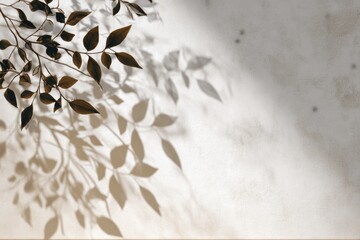 shadow overlay effects of realistic abstract natural tree leaves and window shadow on white wall background, Summer sunlight and shadow overlay effect, shadow for photo interior backdrop studio mockup