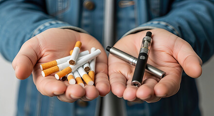 Person holding cigarettes and an electronic cigarette in their hands. A close-up promoting healthy lifestyle choices. Smoking alternative, nicotine addiction, quitting smoking.