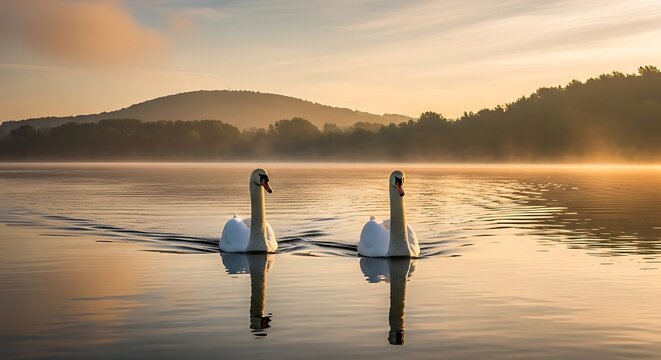 Swans swimming sunrise lake mist.