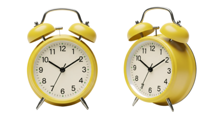 Two Yellow Retro Alarm Clocks Isolated on White.