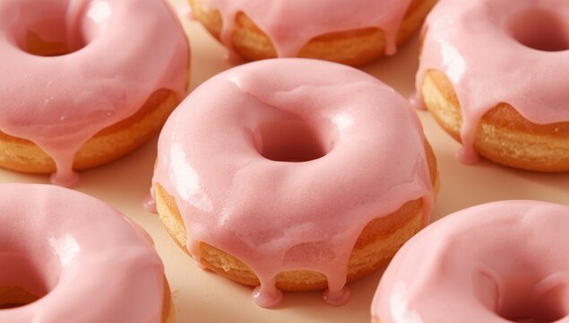 Donuts with pink icing in closeup. Doughnut with frosting. Sweet background. 