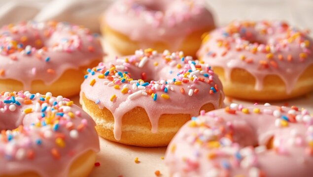 Donuts with pink icing and sprinkles in closeup. Doughnut with frosting. Sweet background.