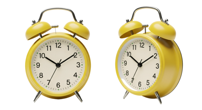 Two Yellow Retro Alarm Clocks Isolated on White.