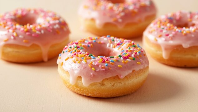 Donuts with pink icing and sprinkles in closeup. Doughnut with frosting. Sweet background.