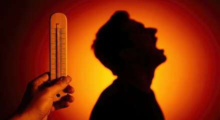 Hand holding thermometer beside silhouette of shouting person against an orange background. A conceptual shot that evokes feelings of stress and pressure. Climate change, heat wave, crisis.