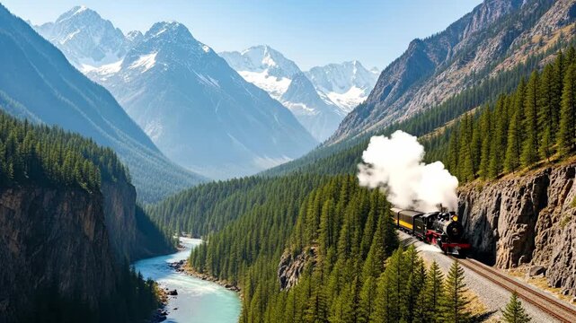 Scenic Steam Train Journey Through Mountains - A historic steam locomotive chugs along a railway track, winding through a breathtaking mountain valley.