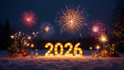 Magical New Year 2026 Celebration with Glowing Numbers, Fireworks and Snowy Night Background