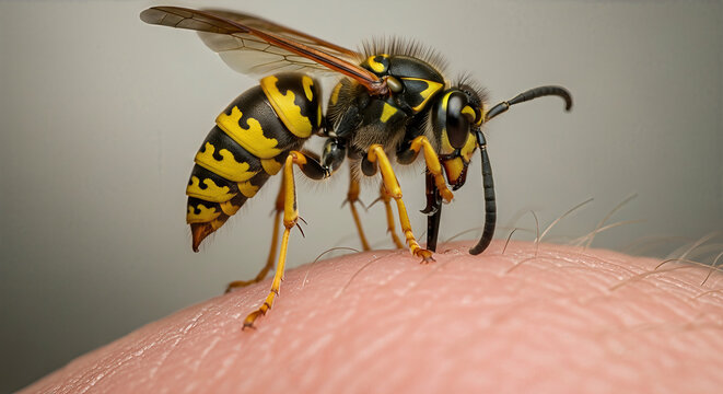 Yellowjacket wasp on skin. A macro shot showing the insect's details and interaction. Danger, insect bite, stinging.