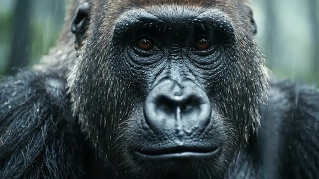 A powerful close-up portrait of a silverback gorilla staring directly into the camera in a lush, rainy forest.