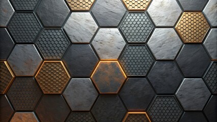 Modern hexagonal wall tiles with textured geometric patterns and metallic accents