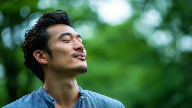 男性が青シャツで庭を見上げるポートレート