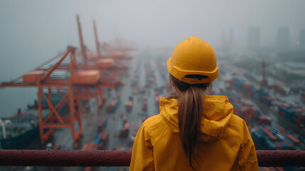 A woman in a yellow raincoat and hat gazes over a foggy shipping port, her silhouette framed by the industrial skyline.