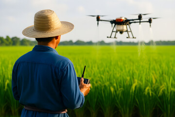 Farmer Controlling Drone in Field