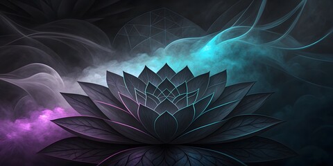 Mystical crystal lotus flower glowing with ethereal light and smoke effects