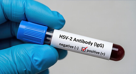 Obraz premium A blood sample shows positive result for HSV-2 Antibody in laboratory. A close-up, detailed shot displaying virus and disease. Infectious virus, disease control, health.