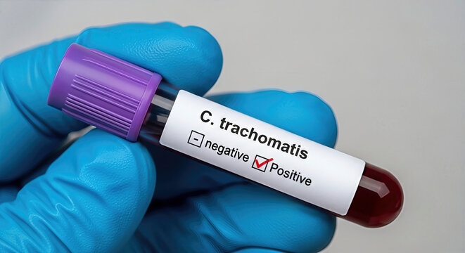 Gloved hand holding blood sample tube with positive C. trachomatis result. A close-up studio shot indicating infection. Healthcare, diagnosis, laboratory test.