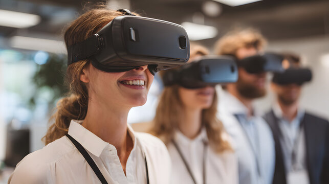 Smiling woman in a white shirt enjoying virtual reality with three friends in a modern office environment.