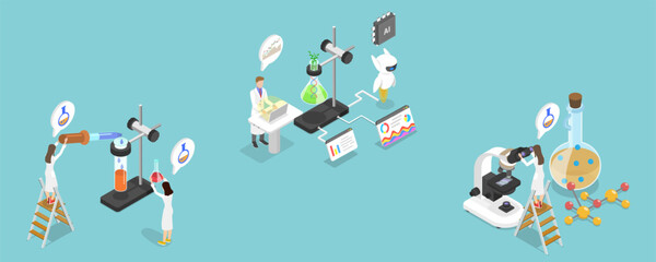 3D Isometric Flat Vector Illustration of Laboratory Exploration, Chemistry And Genetics Laboratory Research In Biotechnology Settings.