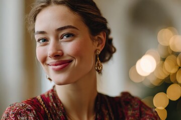 Warm smile radiates joy, adorned with elegant earrings, soft lig